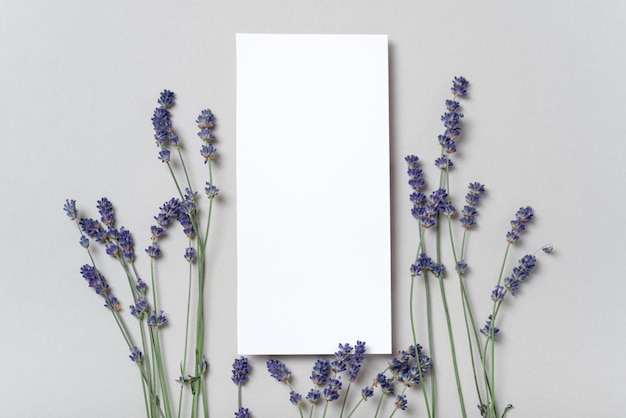 Rectangular vertical or square invitation white greeting card mockup with a flowers lavender branch