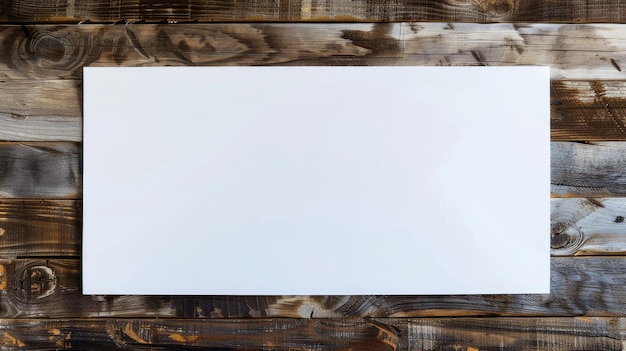 Rectangular white card lays flat on wooden plank surface