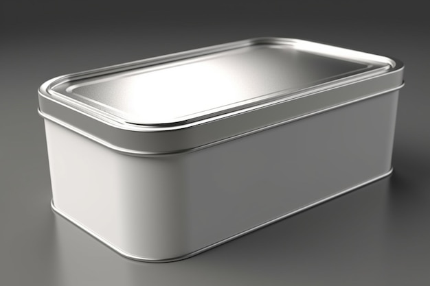 明るい灰色の背景に乾燥した製品用の長方形の白いブリキ缶コンテナー