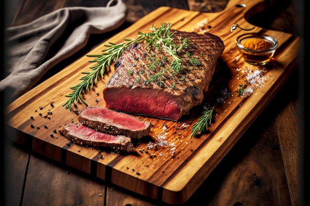 Rectangular wooden board with chopped mediumroasted flank steak with rosemary