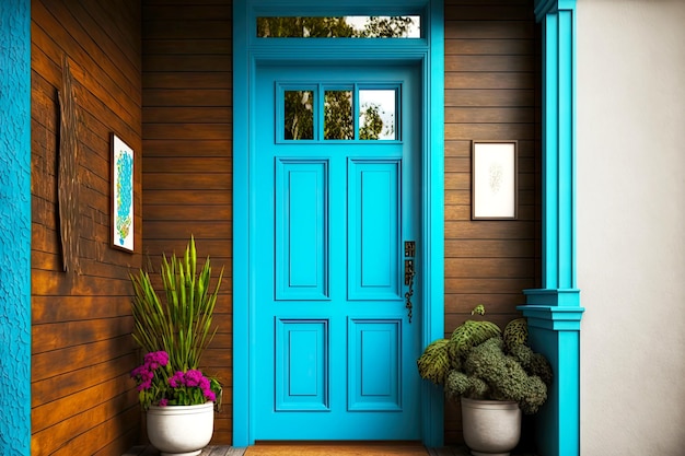 Rectangular wooden entrance door of house bright blue