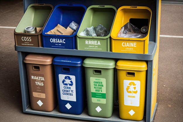 Foto i materiali riciclabili vengono ordinati in diversi contenitori per un facile riciclaggio