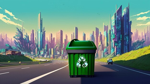 Recycle bin op de weg voor een futuristische stad