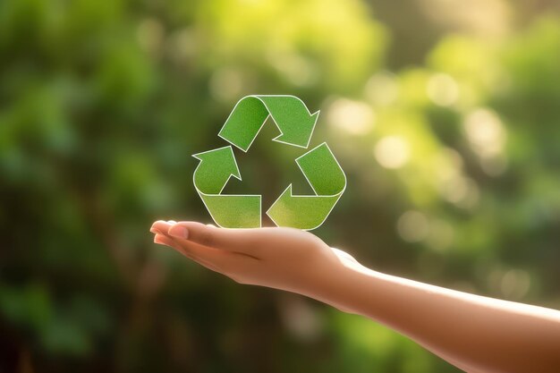 Recycle logo symbool in de hand gehouden Generatieve Ai