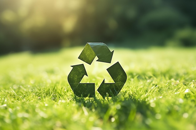 背景をぼかした写真のリサイクル サイン緑の三角形のエコ サイン生態学の概念のクローズ アップ