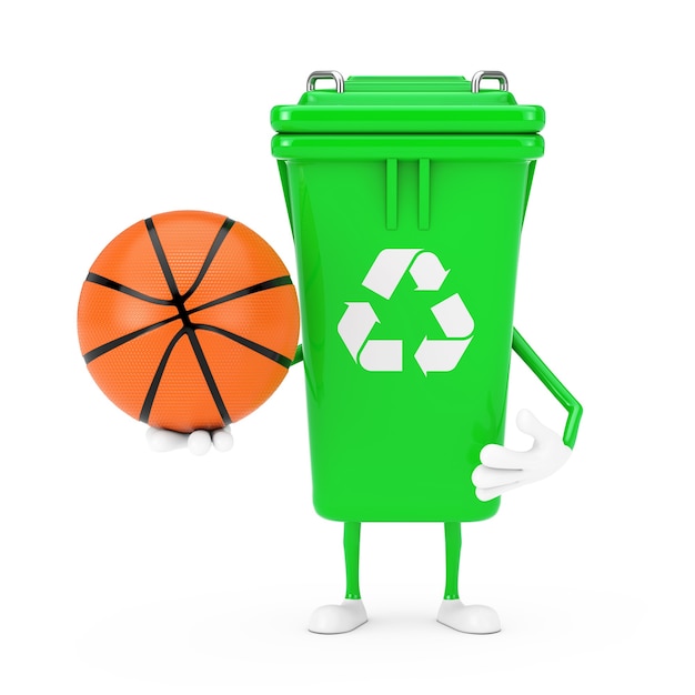 Photo recycle sign green garbage trash bin character mascot with basketball ball on a white background. 3d rendering