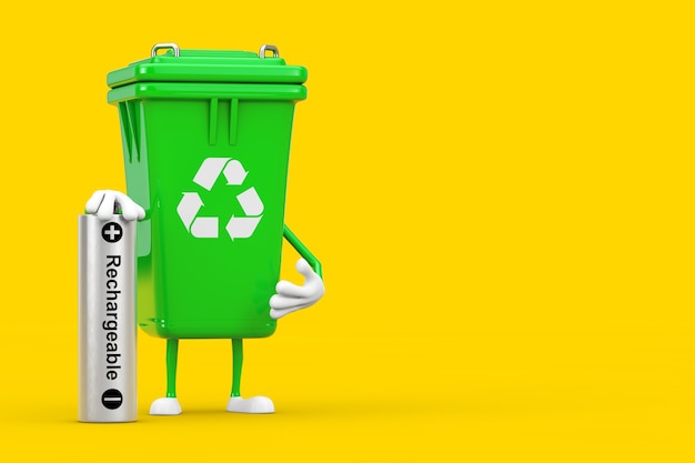 Recycle Sign Green Garbage Trash Bin Character Mascot with Rechargeable Battery on a yellow background. 3d Rendering