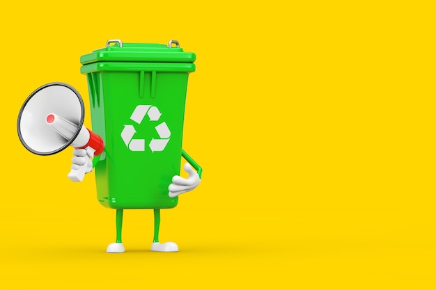 Recycle Sign Green Garbage Trash Bin Character Mascot with Red Retro Megaphone on a yellow background. 3d Rendering