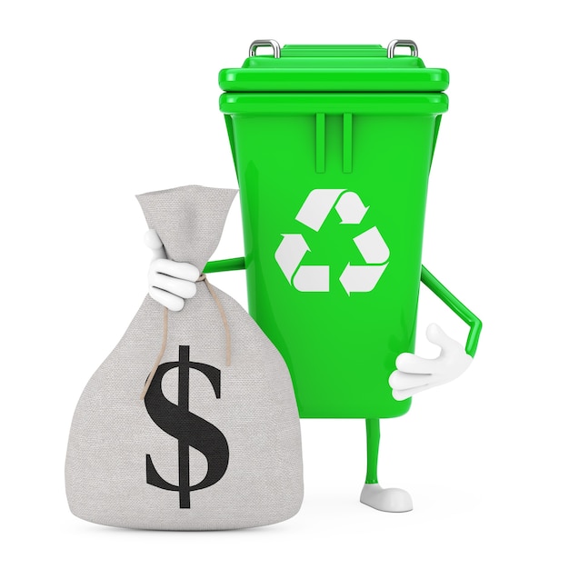 Recycle Sign Green Garbage Trash Bin Character Mascot with Tied Rustic Canvas Linen Money Sack or Money Bag with Dollar Sign on a white background. 3d Rendering