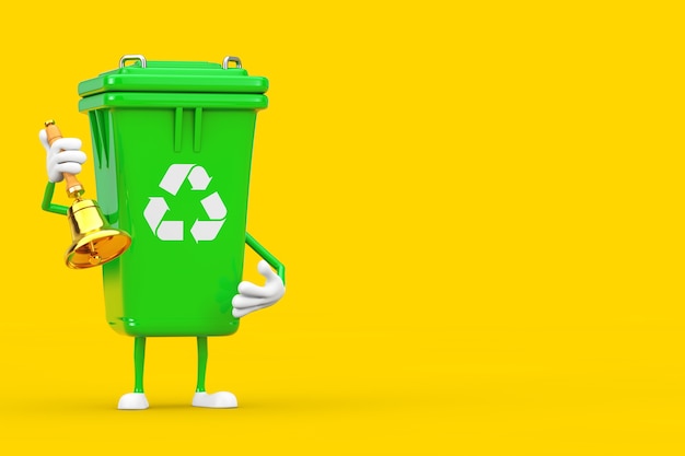 노란색 배경에 빈티지 골든 스쿨 벨이 있는 녹색 쓰레기 쓰레기통 캐릭터 마스코트를 재활용하세요. 3d 렌더링
