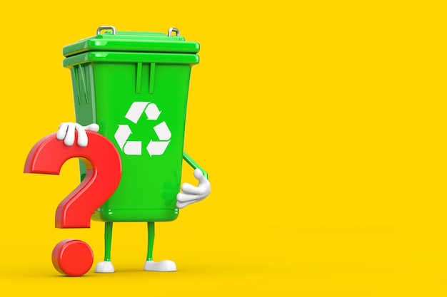 Recycle Sign Green Garbage Trash Bin Person Character Mascot with Red Question Mark Sign on a yellow background. 3d Rendering