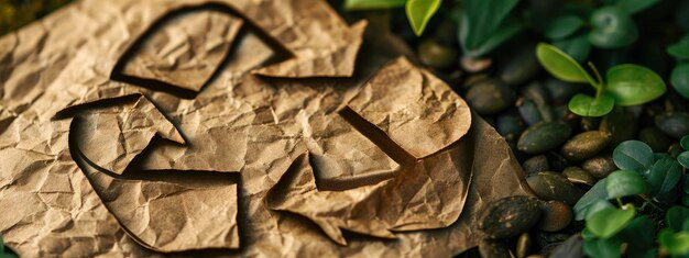 Foto un simbolo di riciclaggio realizzato con carta marrone giace in un terreno fertile che germoglia una pianta verde vibrante