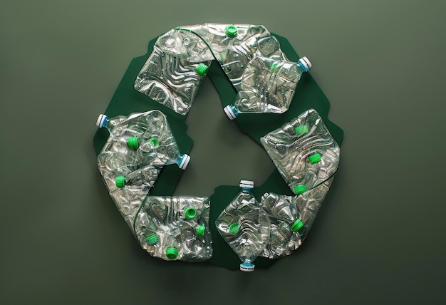 사진 녹색 바탕에 압축 된 플라스틱 병에서 만들어진 재활용 기호