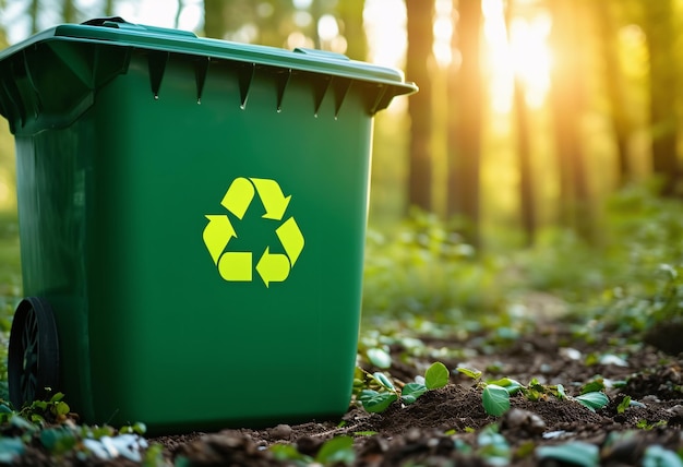 Фото Символ переработки экологически чистый символ в зеленой корзине для мусора