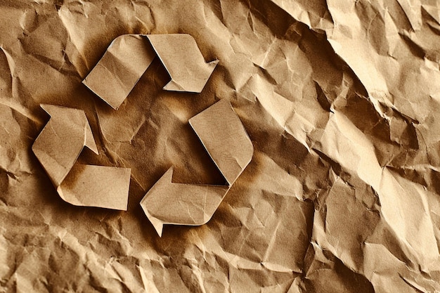 Recycle Symbol from Crumpled Paper on Brown Background