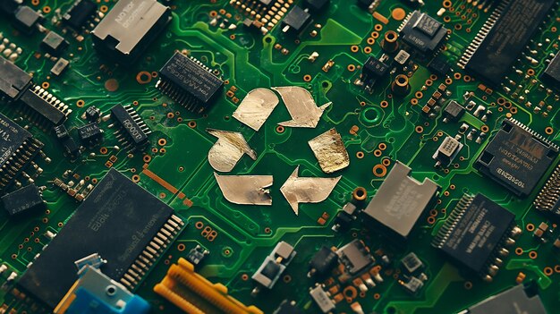 Photo recycle symbol on a green circuit board surrounded by electronic components