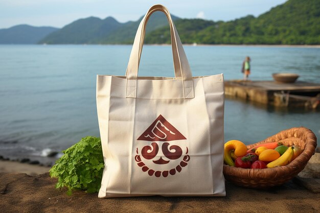 Recycle symbol mockup on a tote bag design promoting sustainable grocery shopping Premium AI generated image