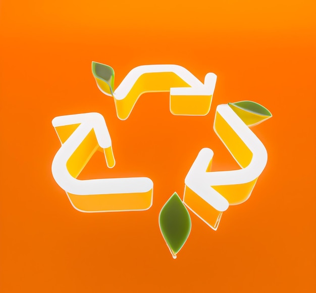 A recycle symbol with green leaves on an orange background.