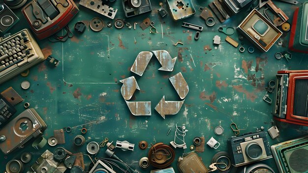 Foto simbolo di riciclaggio con il mucchio di vecchie cose metalliche sullo sfondo verde di alta qualità