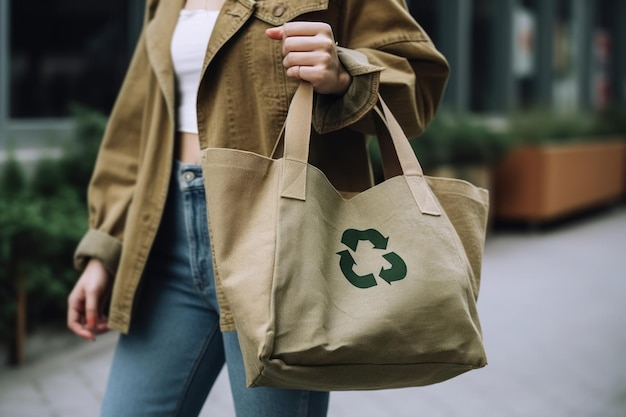 Recycle symbool bij de hand en tas duurzaam en eco-omgevingsconcept Generatieve AI