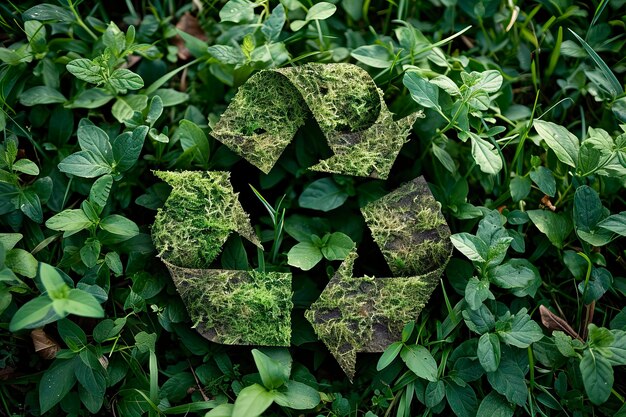 Recycle-symbool gemaakt van groene planten en bladeren op een achtergrond van gras