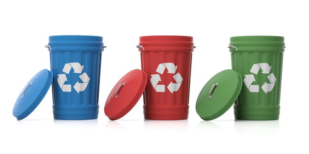 Recycle trash cans on white background 3d illustration