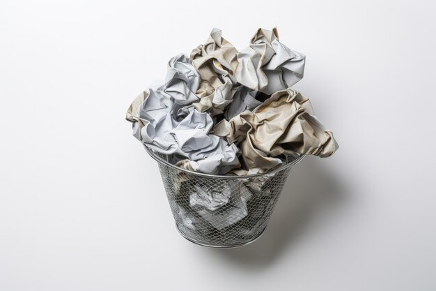Recyclebaar verfrommeld papier dat met rommel in een overvolle metalen bak wordt gegooid