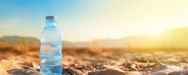 Рециклированная бутылка в песке летний жаркий сезон пить больше воды концепция баннер Generative Ai