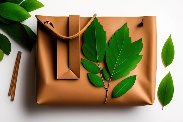 Recycled brown paper shopping bag with handle and green branches leaves isolated on white background