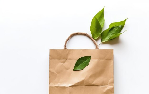 Сумка для покупок из переработанной коричневой бумаги с ручкой и изолированными зелеными листьями