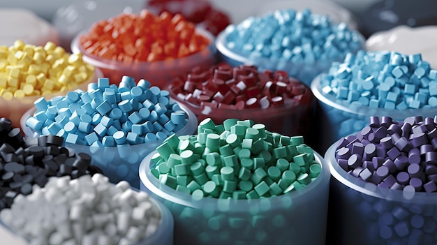 Recycled crushed plastic granules turned into new reused material Plastic crossover Recycled plastic with mixed colors Ai generative