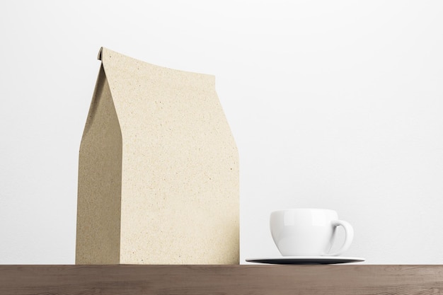 recycled kraft coffee package with copyspace for your logo with white cup on wooden surface at white background mock up