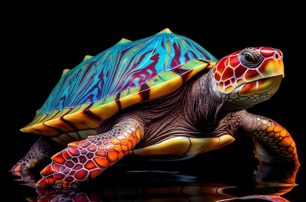 Photo recycled material mural contemporary animal sculpture of a colorful tropical turtle