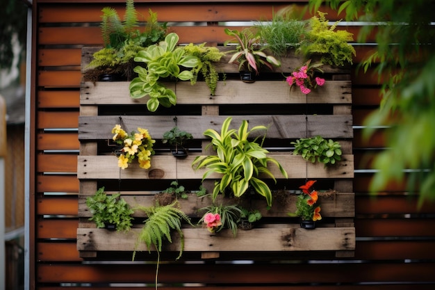 Переработанные поддоны с подвесными растениями создают вертикальный сад