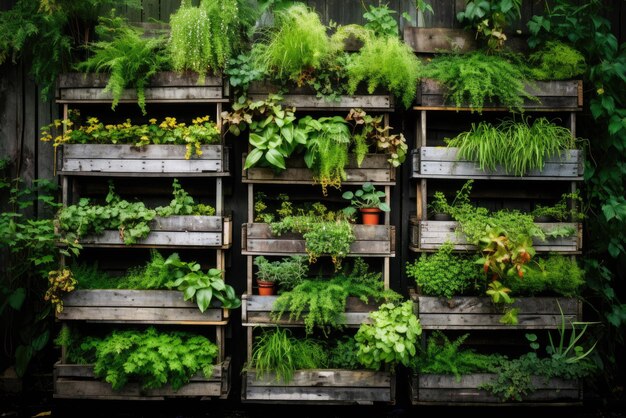 Photo recycled pallets with hanging plants creating a vertical garden