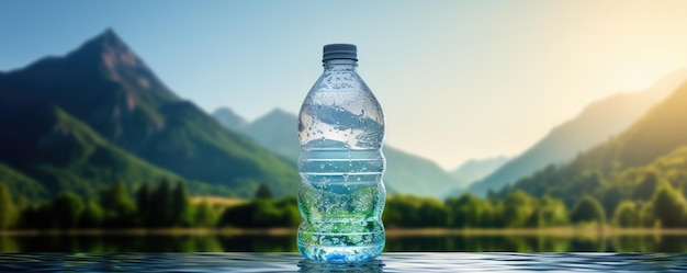 Recycled plastic bottle with clear mountain water in nature summer season banner Generative Ai