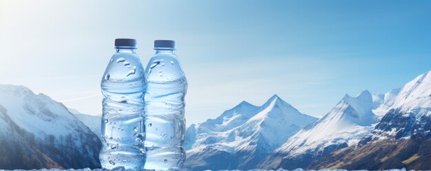 Рециклированная пластиковая бутылка с чистой горной водой в природе зимний сезон баннер Generative Ai