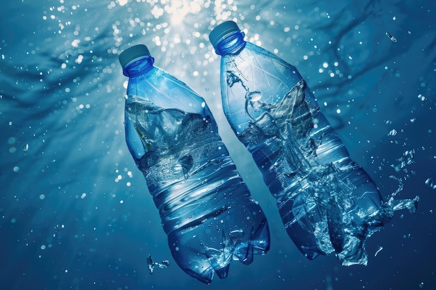 Recycled plastic bottles create recycling symbol on blue background