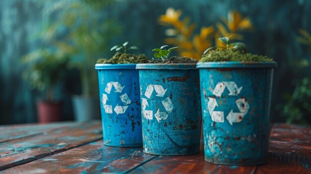 Recycleerde potten met jonge planten en recycle-symbool