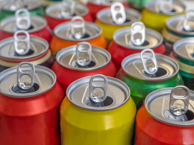 Recycling aluminum or metal empty cans top view. Group of cans for reuse and recycle.