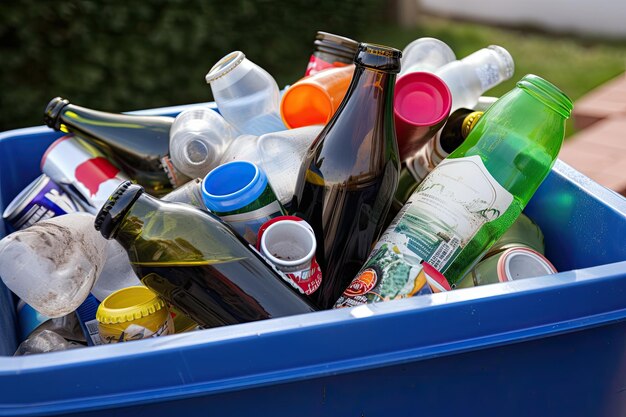 Recycling bin filled with bottles cans and other recyclables