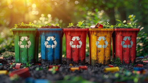 Recycling bins concept with landscape background