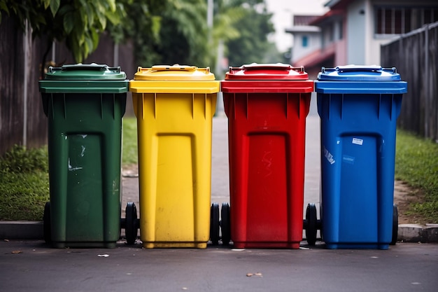 Recycling bins sorted by colour and waste