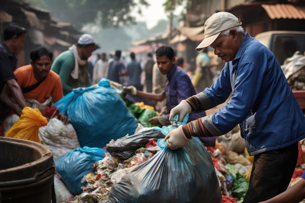 Чемпионы по переработке в действии Неофициальные сборщики отходов сортируют перерабатываемые материалы на оживленном рынке