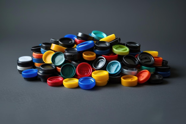 Photo recycling colorful plastic bottle caps on grey background