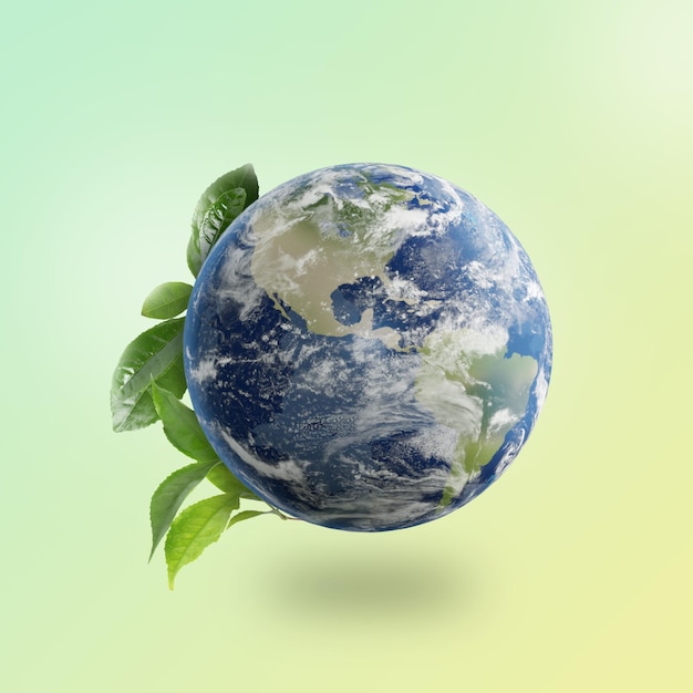 Recycling concept Earth planet with green leaves on light background