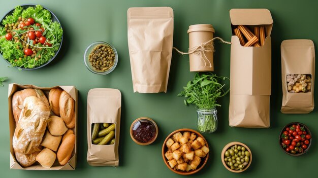 Foto concetto di riciclaggio un set di stoviglie di carta usa e getta con un cartello di riciclamento su uno spazio di copia sullo sfondo verde