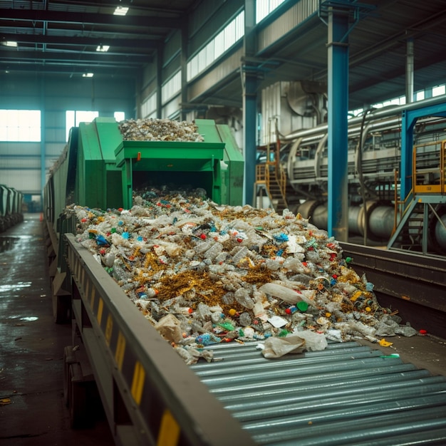 Recycling plant scene conveyor belt with a pile of waste for social media post size