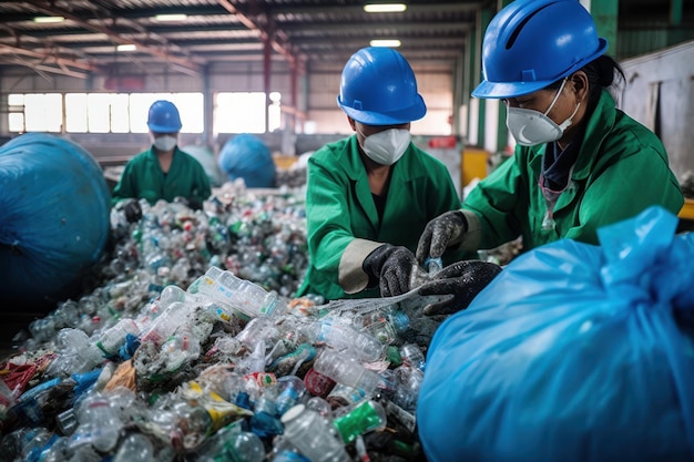 Foto riciclaggio presso l'impianto di riciclaggio della plastica dove i lavoratori smistano e trattano i rifiuti di plastica della città