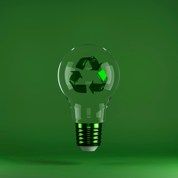 Recycling sign inside light bulb on green background